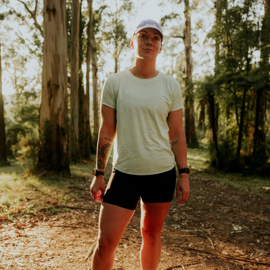VELOCITY LIME Womens Velocity Running Tee Front on Model
