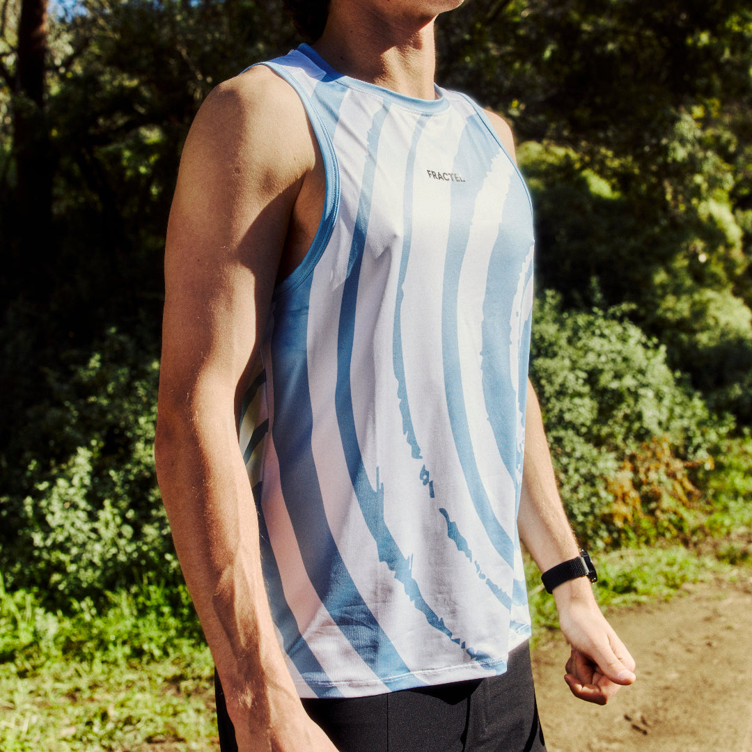 Mens Blue Performance Running Singlet On Model 