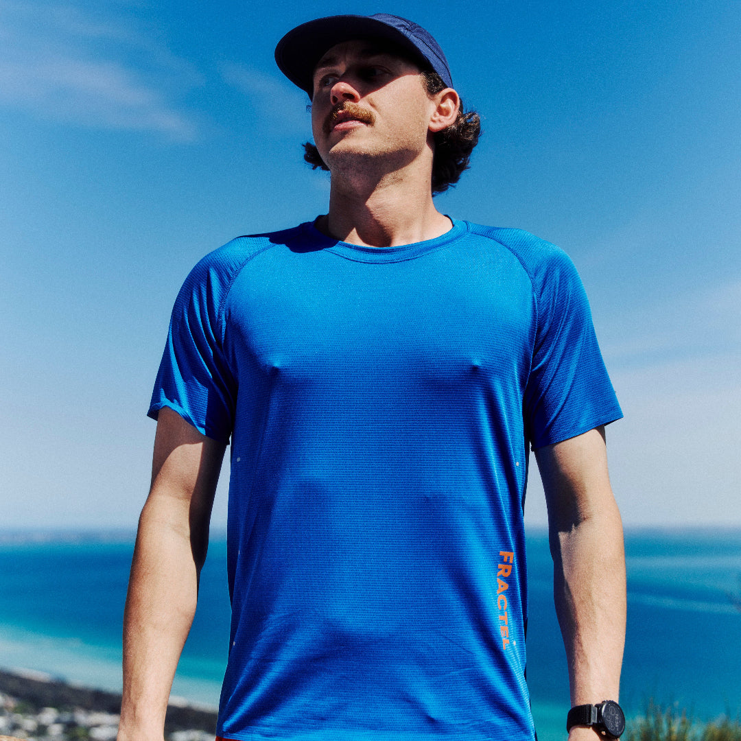 Blue Performance Running Top Short Sleeve on Model