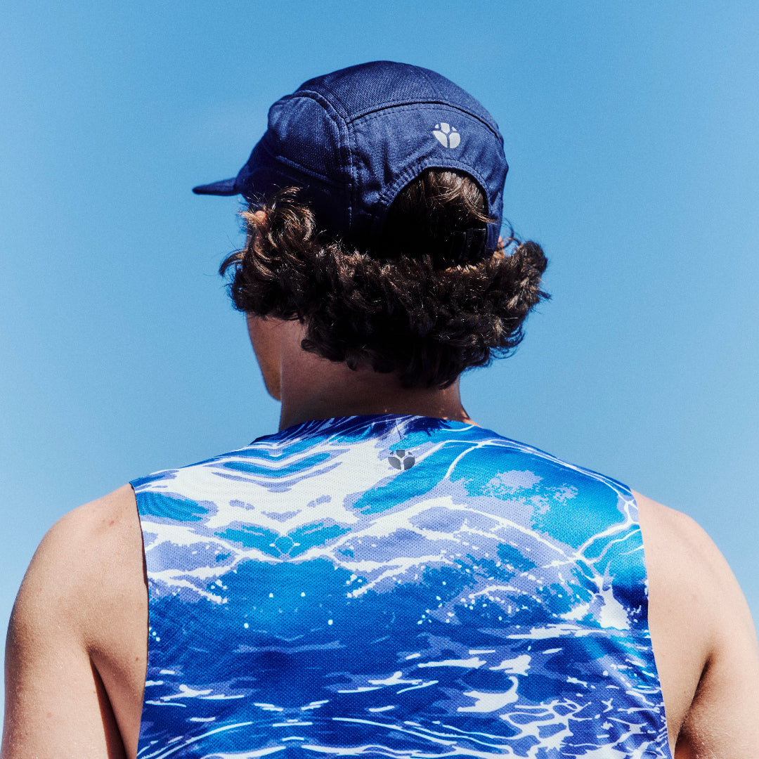 Mens Blue Performance Running Singlet on Model