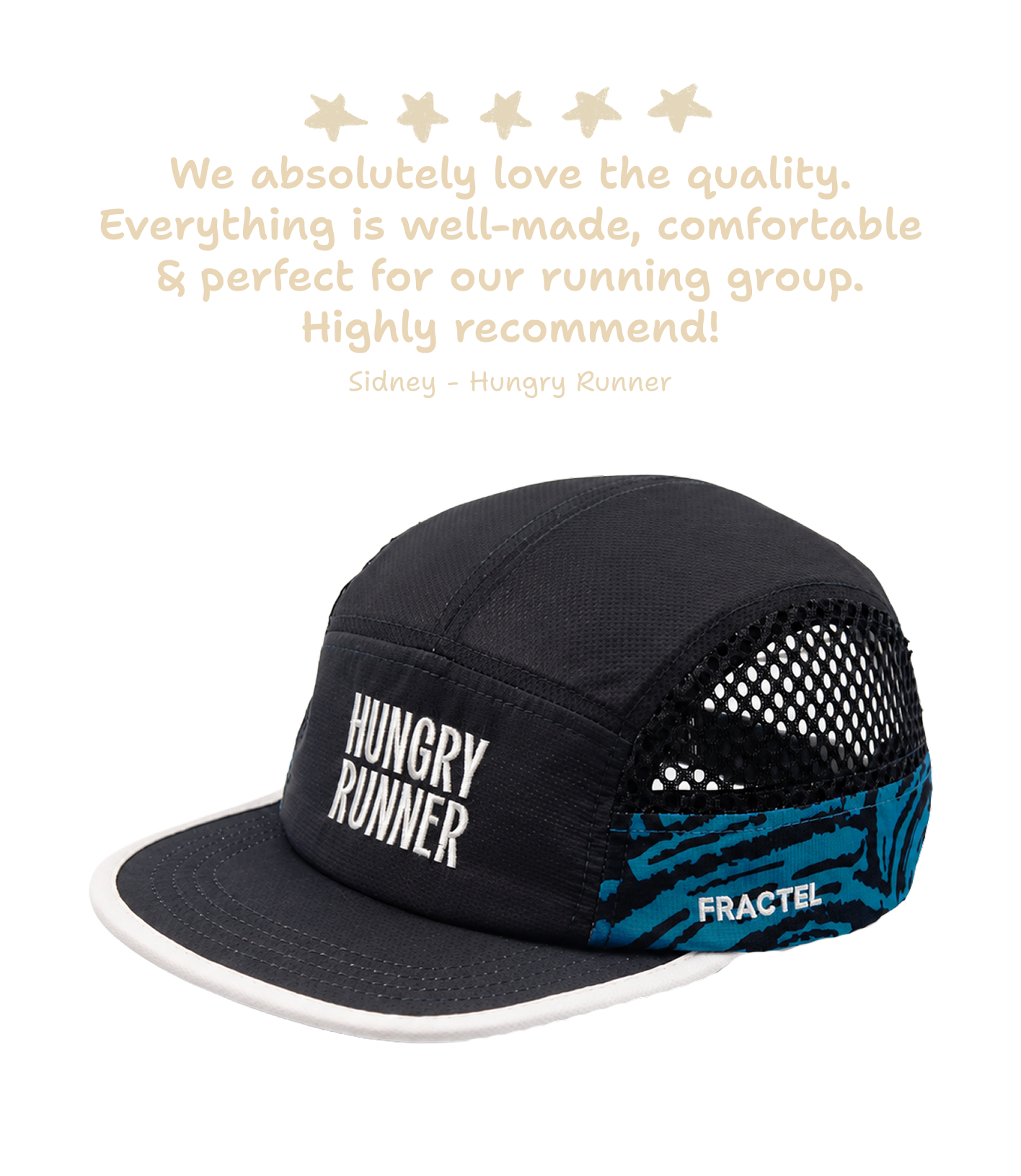 A black Fractel 5-panel running cap with a curved brim, featuring white 'HUNGRY RUNNER' text on the front and a blue patterned side panel with the Fractel logo. A customer testimonial quote is displayed above the product on a white background.
