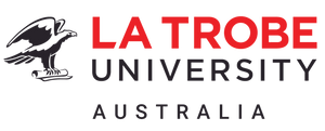 La Trobe University Australia logo on a white background, featuring a black eagle emblem and red and dark gray text.