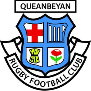 Queanbeyan Rugby Football Club crest logo on a white background, featuring a blue shield with a red cross, white harp, green and yellow lions, and a red rose, with the club name in a white banner above and a black scroll below.