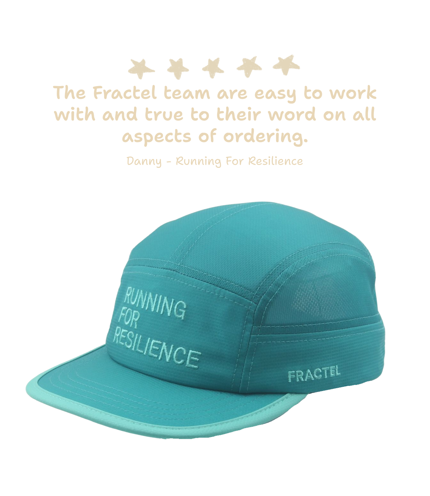 A teal running cap with white embroidered text reading 'RUNNING FOR RESILIENCE' on the front and 'FRACTEL' on the side, shown on a white background with a quote above it.