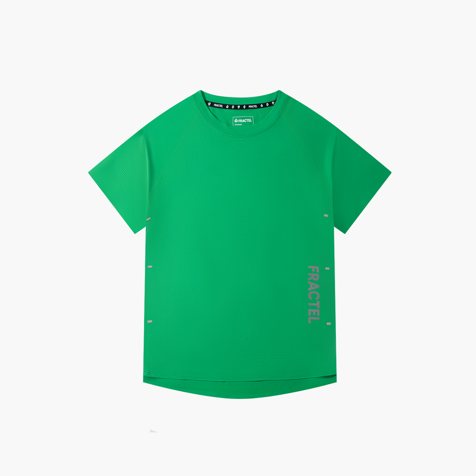 Women's V-GREEN BEE Performance Tee in green, front view
