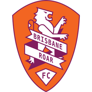 A shield-shaped Brisbane Roar FC logo featuring a white roaring lion above white banners with the words 'BRISBANE ROAR' and 'FC', set on an orange background with a dark teal field around it.