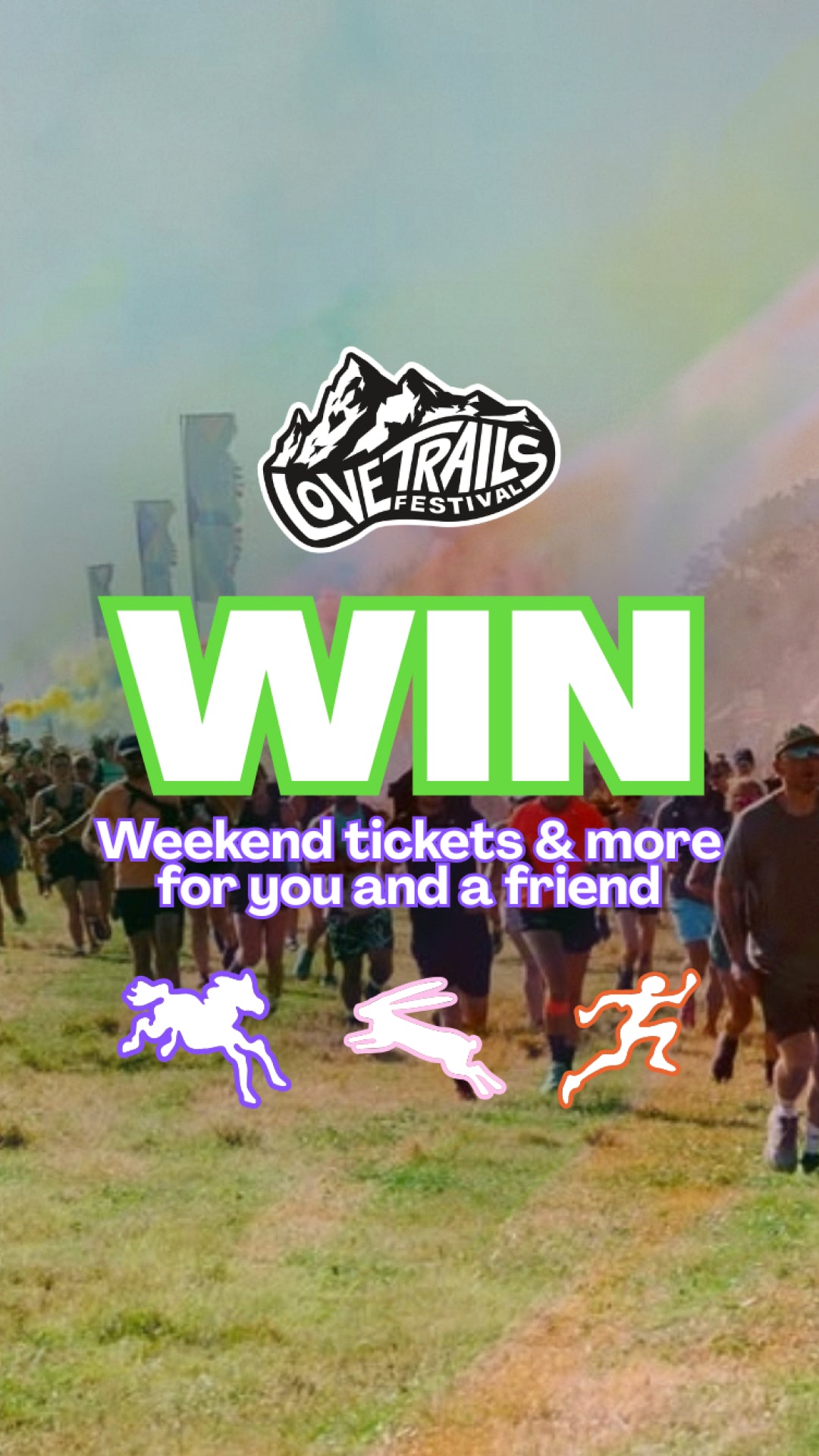 Promotional graphic for LoveTrails Festival with people running on a trail and text about weekend tickets and more.